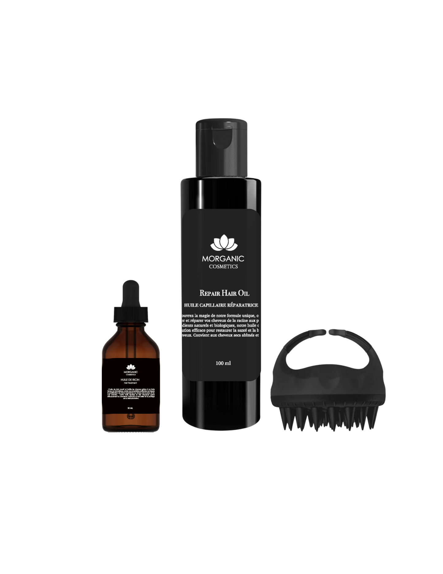 Set of Morocco Organic Products including Repair Hair Oil and application comb for healthy hair.
