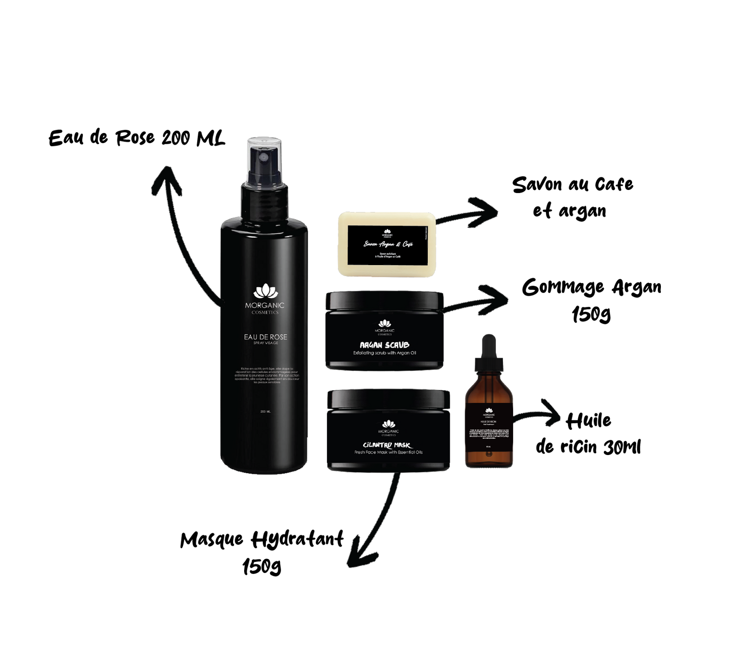 Ensemble de 5 produits bio Morganic incluant Eau de Rose, gommage et sérum, tous naturels et doux pour la peau.
