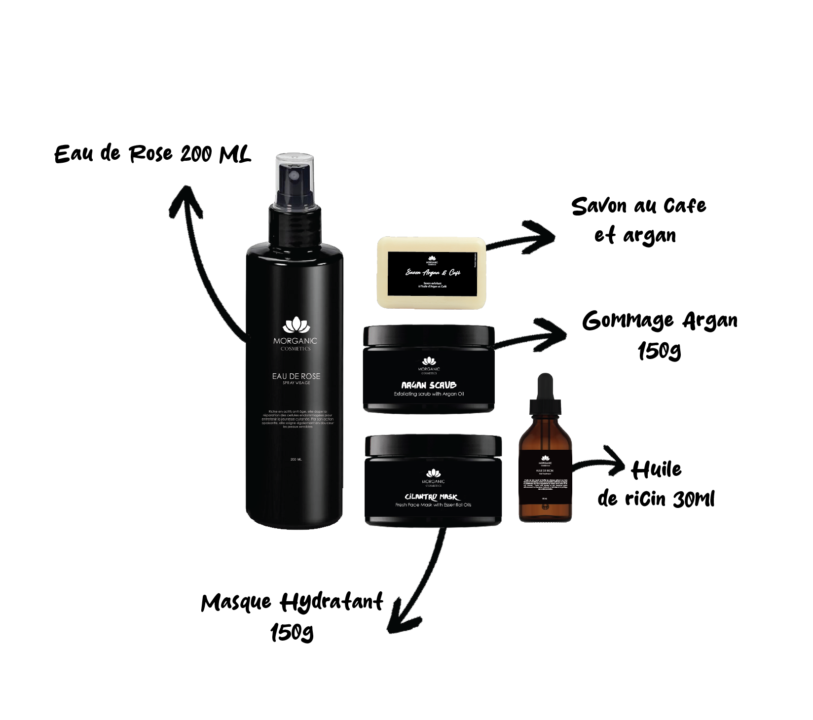 Ensemble de 5 produits bio Morganic incluant Eau de Rose, gommage et sérum, tous naturels et doux pour la peau.
