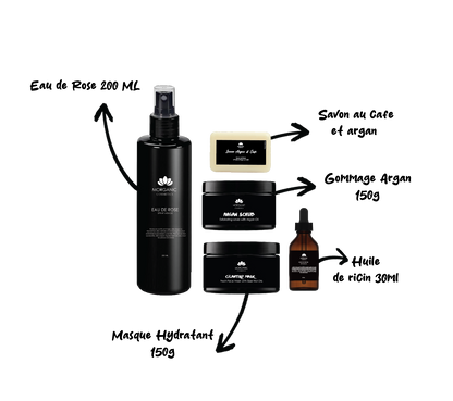 Ensemble de 5 produits bio Morganic incluant Eau de Rose, gommage et sérum, tous naturels et doux pour la peau.
