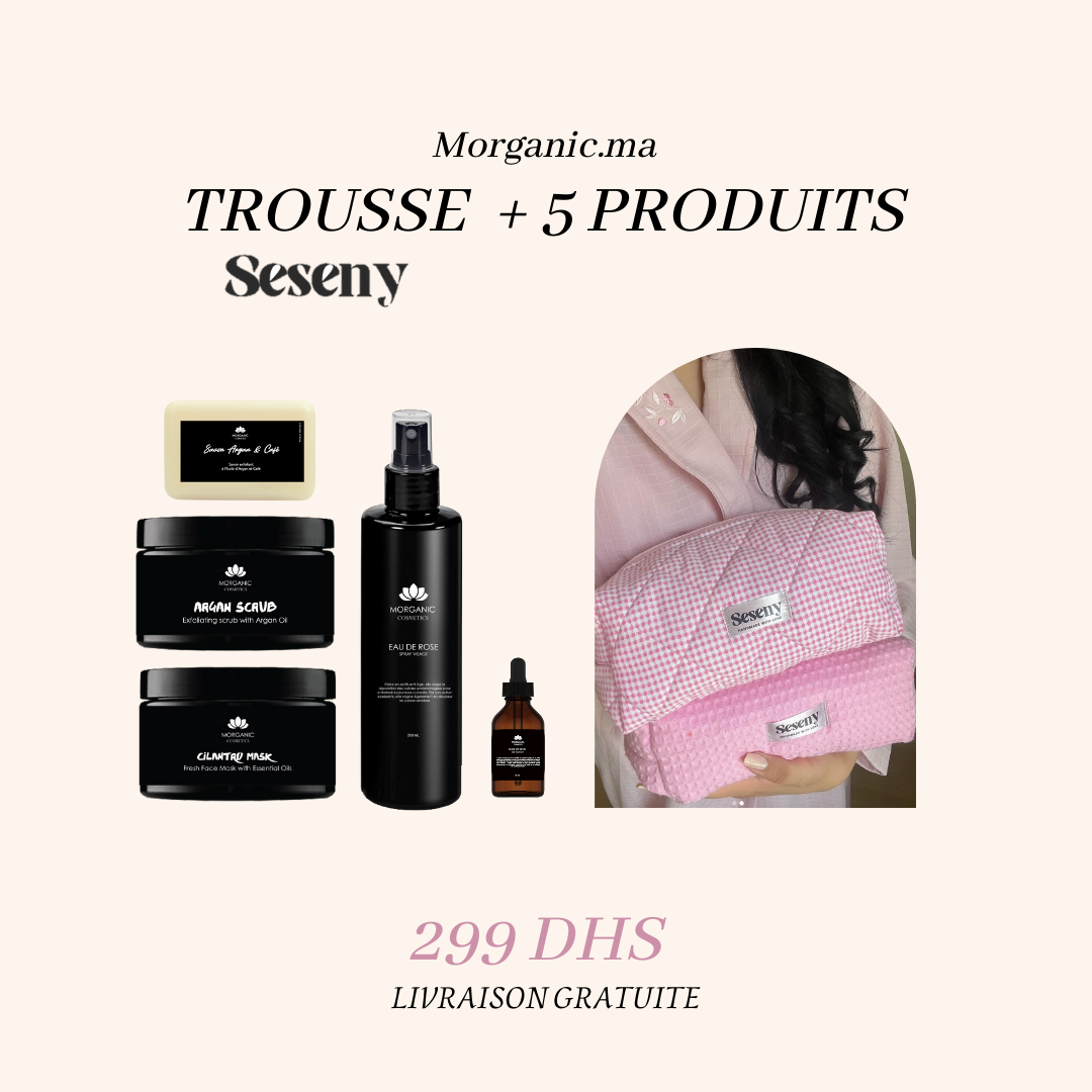 Trousse Seseny contenant 5 produits bio best-sellers Morganic, incluant Eau de Rose et soins naturels, 299 DHS.