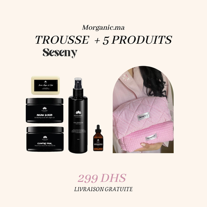 Trousse Seseny contenant 5 produits bio best-sellers Morganic, incluant Eau de Rose et soins naturels, 299 DHS.